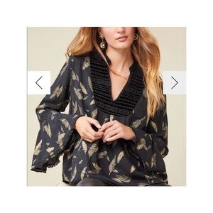 Johnny Was Workshop Black and Gold Feather Blouse with Velvet Neck Line